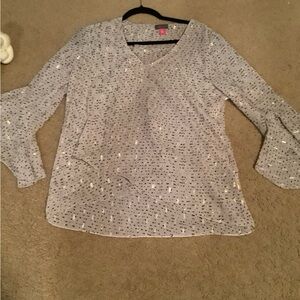 Gray Patterned Blouse with Bell Sleeves